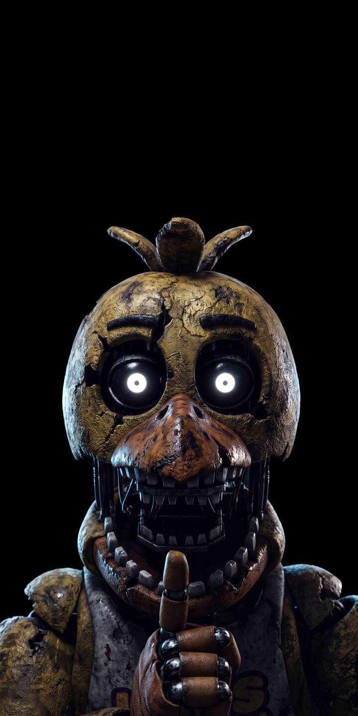 The unsettling glow of Withered Chica's white eyes pierce the darkness, her decaying animatronic finger held to a toothy grin in this chilling 4K wallpaper — an essential horror wallpaper for iPhone users. | creepy iphone scary wallpaper fnaf horror mobile 4k wallpaper hd wallpaper animatronic chica withered chica The unsettling glow of Withered Chica's white eyes pierce the darkness, her decaying animatronic finger held to a toothy grin in this chilling 4K wallpaper — an essential horror wallpaper for iPhone users.