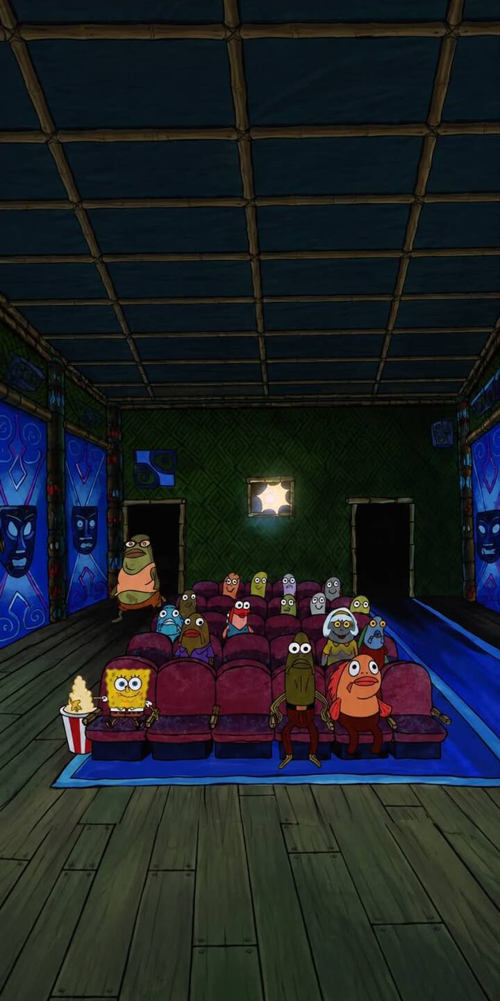 Spongebob Squarepants enjoys a bucket of popcorn alongside fellow Bikini Bottom residents in this cozy, dimly lit cinema 4K wallpaper – an ideal wallpaper for your iPhone. | cartoon funny spongebob bikini bottom iphone wallpaper mobile spongebob squarepants 4k wallpaper hd wallpaper cinematic movie theater Spongebob Squarepants enjoys a bucket of popcorn alongside fellow Bikini Bottom residents in this cozy, dimly lit cinema 4K wallpaper – an ideal wallpaper for your iPhone.