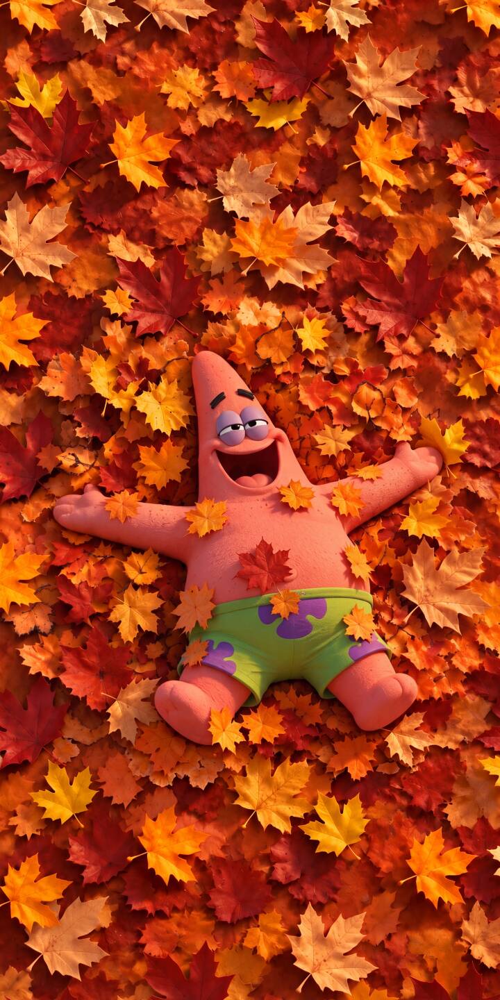 Patrick Star's wide smile brightens a vibrant bed of autumn leaves as he blissfully reclines, covered in scattered red, orange, and yellow maple leaves in this charming 4K wallpaper. This delightful scene creates an excellent wallpaper for iPhone, capturing the essence of fall. | cartoon spongebob iphone autumn happy wallpaper patrick star mobile 4k wallpaper hd wallpaper fall leaves Patrick Star's wide smile brightens a vibrant bed of autumn leaves as he blissfully reclines, covered in scattered red, orange, and yellow maple leaves in this charming 4K wallpaper. This delightful scene creates an excellent wallpaper for iPhone, capturing the essence of fall.