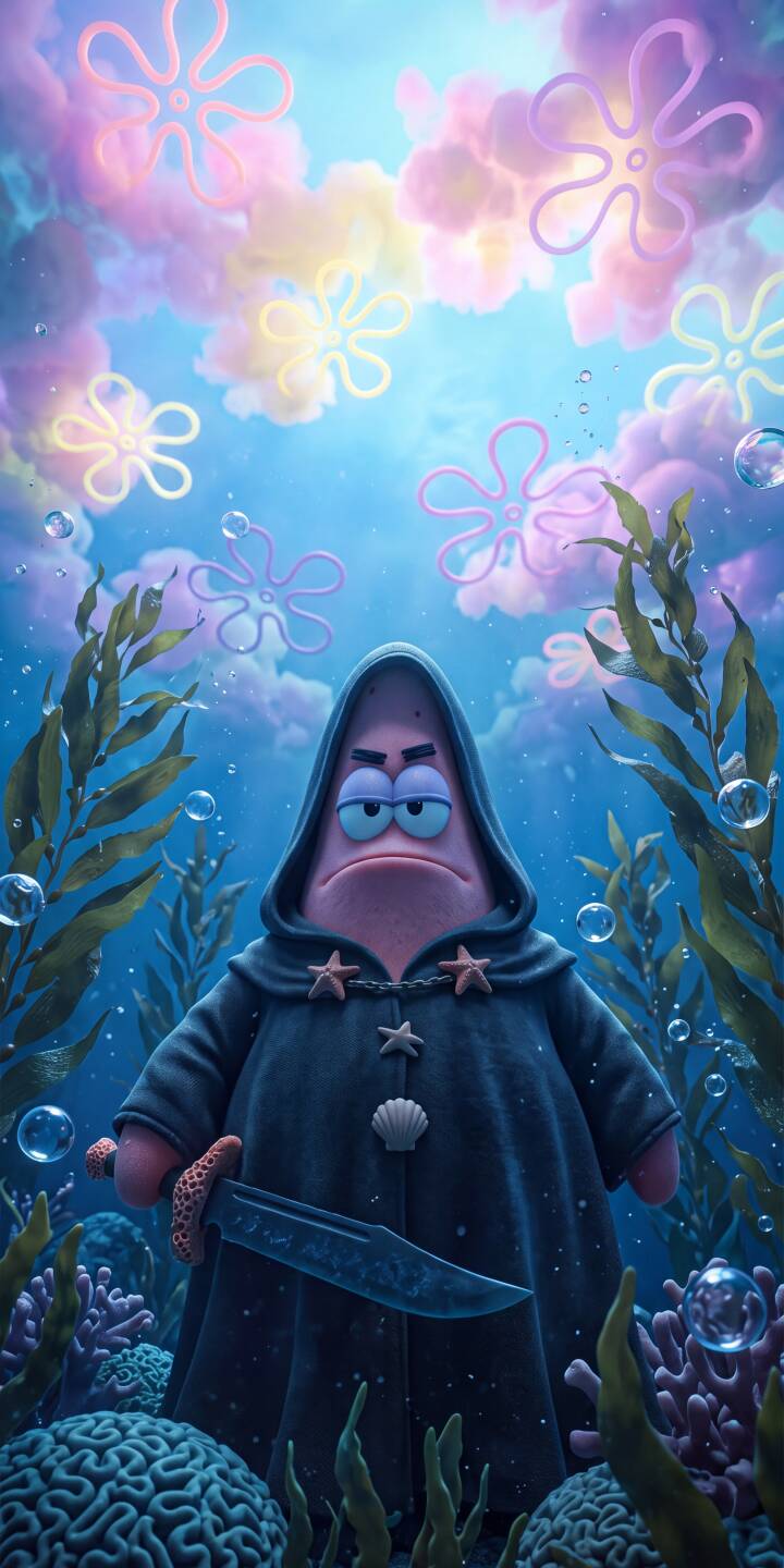 Patrick's intense glare and bushy brows highlight his determined expression as he stands in a dark hooded cloak adorned with starfish and a shell, clutching a sharp dagger in this unique 4K wallpaper. The vibrant underwater scene, with its pastel starfish clouds and lush kelp, makes this an epic wallpaper for iPhone. | spongebob underwater iphone wallpaper patrick star mobile 4k wallpaper hd wallpaper starfish cinematic adventure hooded Patrick's intense glare and bushy brows highlight his determined expression as he stands in a dark hooded cloak adorned with starfish and a shell, clutching a sharp dagger in this unique 4K wallpaper. The vibrant underwater scene, with its pastel starfish clouds and lush kelp, makes this an epic wallpaper for iPhone.