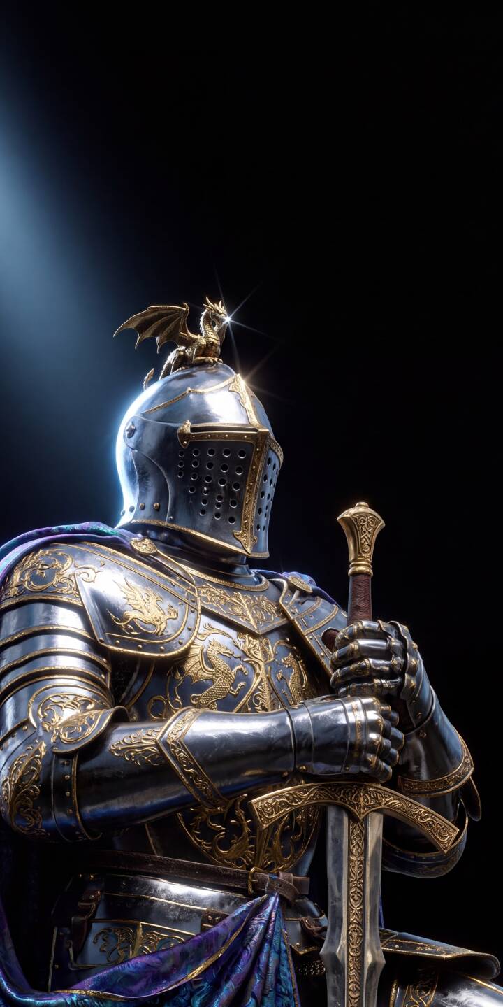 Gleaming silver and gold armor, topped with a detailed dragon figurine, adorns this majestic knight, creating a regal 4K wallpaper for iPhone. This opulent wallpaper features intricate gold patterns and a mighty sword, perfect for elevating your device's aesthetic. | sword armor knight iphone fantasy wallpaper golden mobile 4k wallpaper hd wallpaper regal dragon knight Gleaming silver and gold armor, topped with a detailed dragon figurine, adorns this majestic knight, creating a regal 4K wallpaper for iPhone. This opulent wallpaper features intricate gold patterns and a mighty sword, perfect for elevating your device's aesthetic.