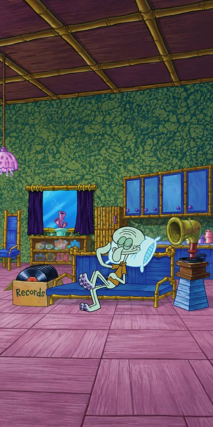 Squidward rests comfortably on his blue couch, eyes closed with a light blue pillow, surrounded by his gramophone and record collection in this cozy 4K wallpaper. This unique depiction of Squidward's downtime makes an ideal iPhone wallpaper for any fan. | cartoon aesthetic spongebob squidward iphone wallpaper relaxing mobile spongebob squarepants 4k wallpaper hd wallpaper nickelodeon Squidward rests comfortably on his blue couch, eyes closed with a light blue pillow, surrounded by his gramophone and record collection in this cozy 4K wallpaper. This unique depiction of Squidward's downtime makes an ideal iPhone wallpaper for any fan.