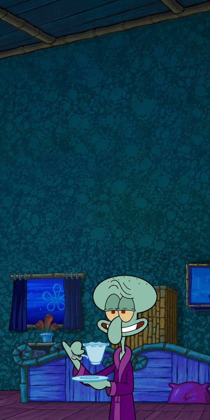 A smug Squidward sips from a delicate teacup, clad in a plush purple bathrobe, against his signature dark teal walls in this delightful 4K wallpaper. This charming wallpaper is a perfect fit for any iPhone, bringing a touch of sophisticated grumpiness to your screen. | cartoon aesthetic spongebob squidward iphone wallpaper chill mobile spongebob squarepants 4k wallpaper hd wallpaper teacup A smug Squidward sips from a delicate teacup, clad in a plush purple bathrobe, against his signature dark teal walls in this delightful 4K wallpaper. This charming wallpaper is a perfect fit for any iPhone, bringing a touch of sophisticated grumpiness to your screen.