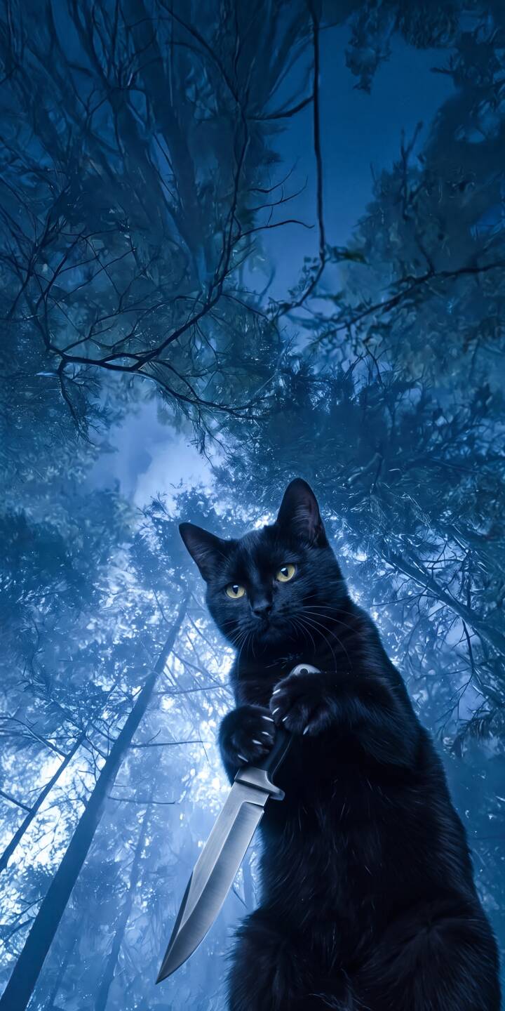Yellow eyes gleam out from a mysterious black cat, clutching a sharp dagger against the ethereal blue backdrop of a moonlit forest, creating an unnerving 4K wallpaper – a truly unique wallpaper for your iPhone. | cat iphone fantasy wallpaper black cat mobile 4k wallpaper hd wallpaper dark forest moonlit eerie knife cat Yellow eyes gleam out from a mysterious black cat, clutching a sharp dagger against the ethereal blue backdrop of a moonlit forest, creating an unnerving 4K wallpaper – a truly unique wallpaper for your iPhone.