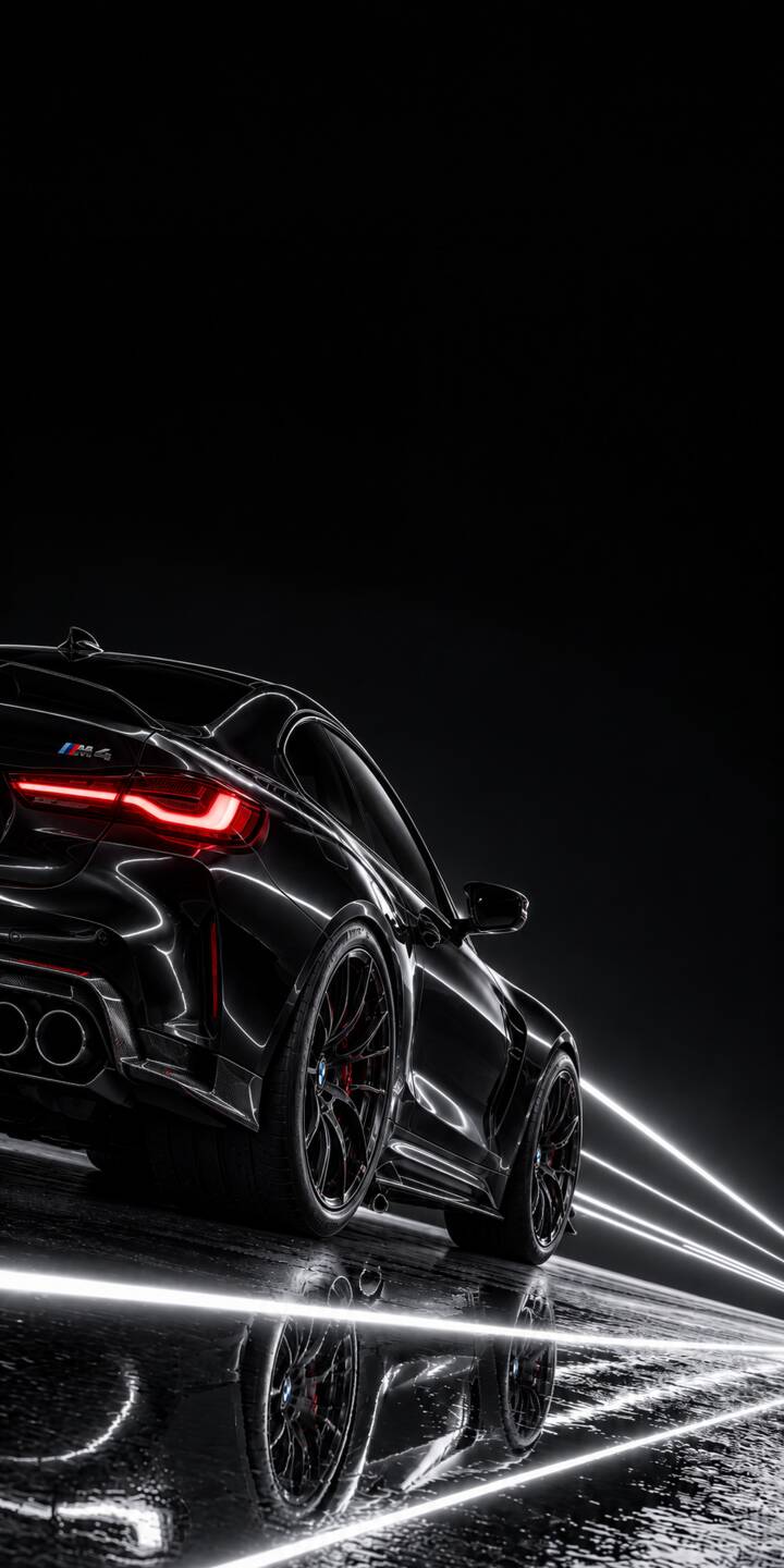 The wet, reflective asphalt glows with horizontal white light trails as a sleek black BMW M4, its vibrant red taillights shining, dominates this dramatic 4K wallpaper. This stunning car wallpaper is a must-have for iPhone users who appreciate sophisticated automotive aesthetics. | sports car iphone bmw wallpaper neon lights black car bmw m4 mobile 4k wallpaper hd wallpaper automotive reflective The wet, reflective asphalt glows with horizontal white light trails as a sleek black BMW M4, its vibrant red taillights shining, dominates this dramatic 4K wallpaper. This stunning car wallpaper is a must-have for iPhone users who appreciate sophisticated automotive aesthetics.