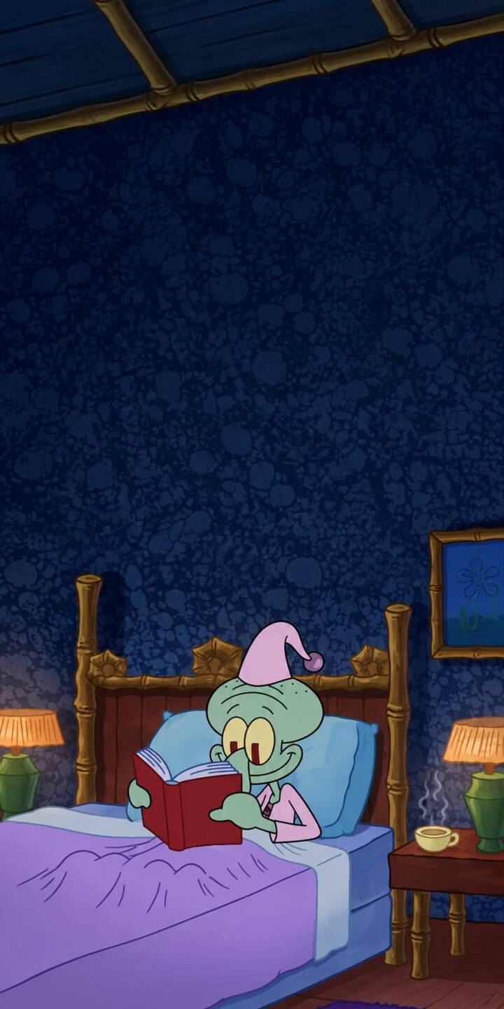 Squidward Tentacles peacefully reads a red book in bed, wearing his pink sleeping cap, creating a perfectly cozy 4K wallpaper for iPhone. This tranquil scene with its dim lamplight makes an ideal bedtime wallpaper. | cartoon spongebob squidward iphone cozy wallpaper reading sleepy bedtime mobile 4k wallpaper hd wallpaper Squidward Tentacles peacefully reads a red book in bed, wearing his pink sleeping cap, creating a perfectly cozy 4K wallpaper for iPhone. This tranquil scene with its dim lamplight makes an ideal bedtime wallpaper.