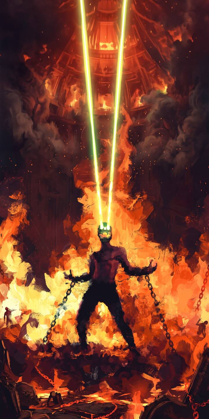 Blinding green laser beams erupt from the eyes of a chained figure, standing amidst a cataclysmic inferno and molten ground in this dramatic 4K wallpaper for iPhone; it's an epic hellscape wallpaper that will transform your screen. | fire iphone wallpaper mobile 4k wallpaper hd wallpaper epic hellscape laser eyes inferno dark fantasy chained figure Blinding green laser beams erupt from the eyes of a chained figure, standing amidst a cataclysmic inferno and molten ground in this dramatic 4K wallpaper for iPhone; it's an epic hellscape wallpaper that will transform your screen.