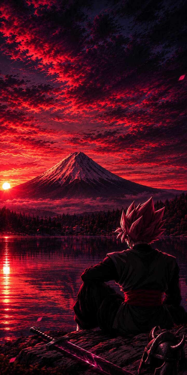 Vibrant crimson clouds paint the sunset sky, reflected dramatically across the tranquil lake where Goku Black sits contemplating, his Super Saiyan Rosé hair contrasting with the majestic snow-capped mountain backdrop in this immersive 4K wallpaper — an ideal wallpaper for your iPhone. | goku black dragon ball Vibrant crimson clouds paint the sunset sky, reflected dramatically across the tranquil lake where Goku Black sits contemplating, his Super Saiyan Rosé hair contrasting with the majestic snow-capped mountain backdrop in this immersive 4K wallpaper — an ideal wallpaper for your iPhone.