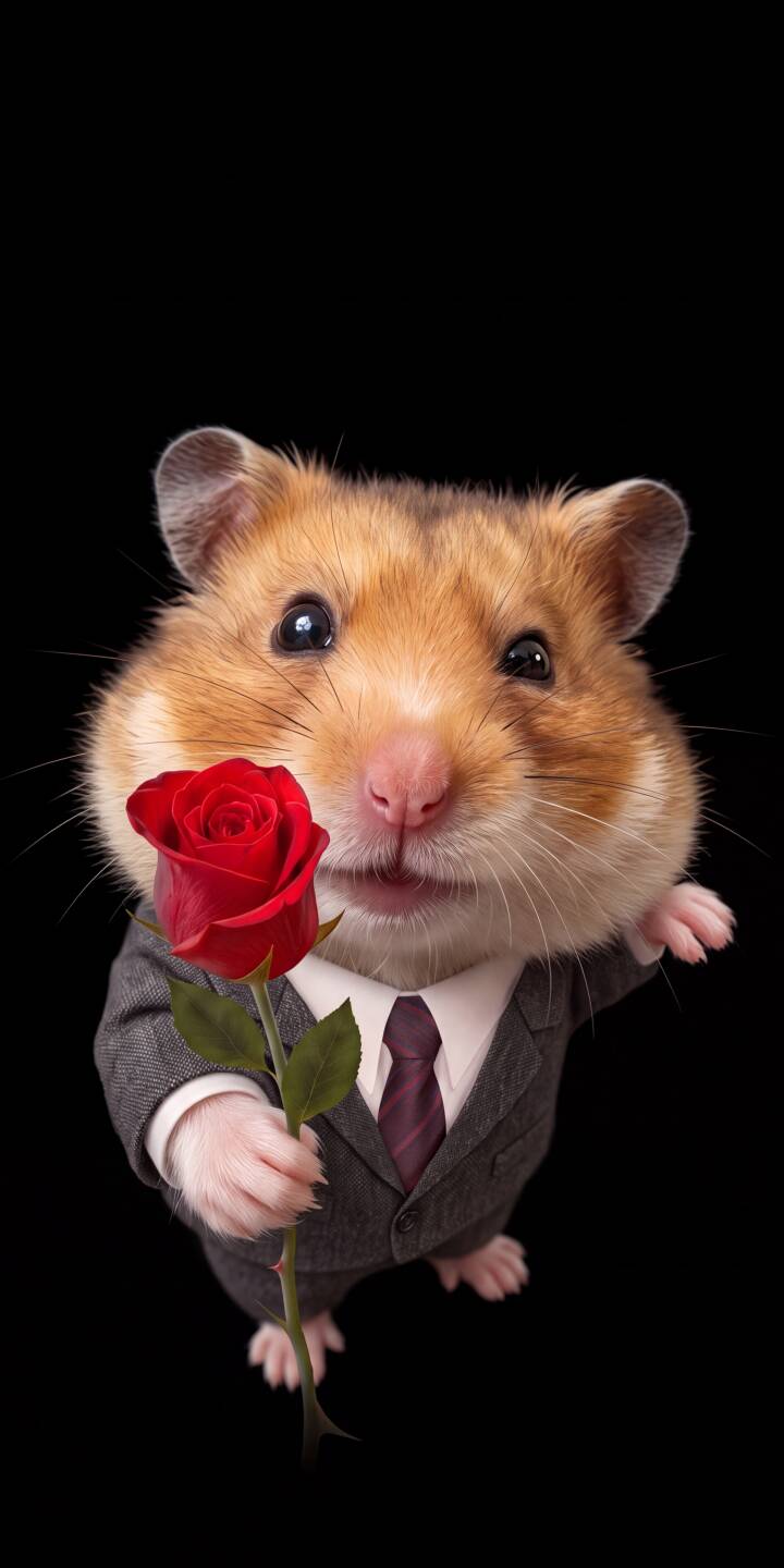 This dapper hamster, dressed in a sharp grey suit and purple tie, presents a vibrant red rose in this adorable 4K wallpaper for iPhone. It's a charming wallpaper perfect for adding a touch of whimsy to your screen. | animal suit rose cute iphone wallpaper mobile hamster 4k wallpaper hd wallpaper adorable gentleman This dapper hamster, dressed in a sharp grey suit and purple tie, presents a vibrant red rose in this adorable 4K wallpaper for iPhone. It's a charming wallpaper perfect for adding a touch of whimsy to your screen.