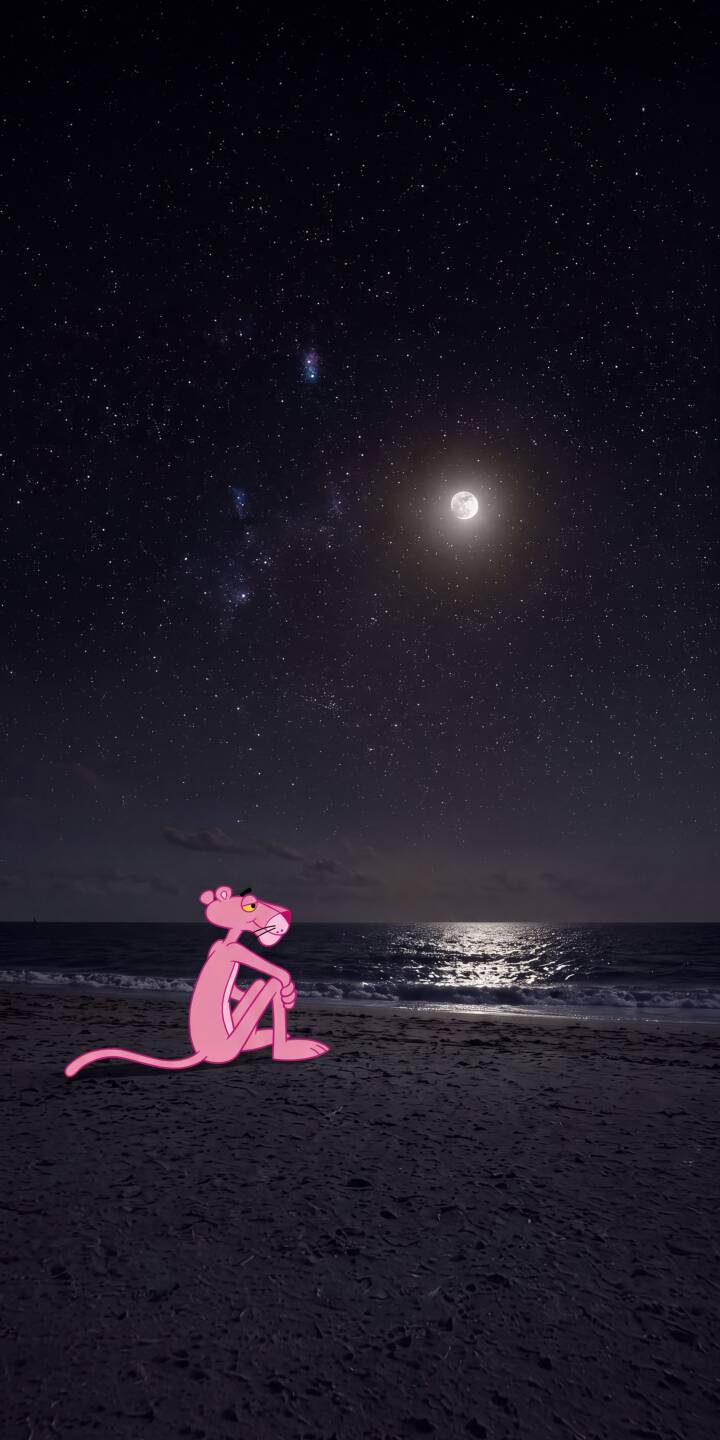 The iconic Pink Panther sits with a contemplative pose on a dark, tranquil beach, gazing up at the brilliant full moon and shimmering stars in this serene 4K wallpaper. This captivating scene makes for a unique mobile wallpaper experience for any iPhone user. | cartoon aesthetic night moon beach iphone stars wallpaper pink panther mobile 4k wallpaper hd wallpaper The iconic Pink Panther sits with a contemplative pose on a dark, tranquil beach, gazing up at the brilliant full moon and shimmering stars in this serene 4K wallpaper. This captivating scene makes for a unique mobile wallpaper experience for any iPhone user.
