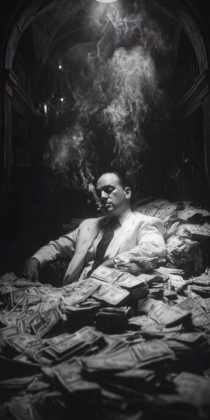 Dense smoke billows around the legendary Al Capone, who sits surrounded by immense piles of cash in this classic 4K wallpaper — a powerful wallpaper for iPhone showcasing his iconic wealth. | money gangster iphone vintage wallpaper black and white mobile noir 4k wallpaper hd wallpaper mafia al capone Dense smoke billows around the legendary Al Capone, who sits surrounded by immense piles of cash in this classic 4K wallpaper — a powerful wallpaper for iPhone showcasing his iconic wealth.