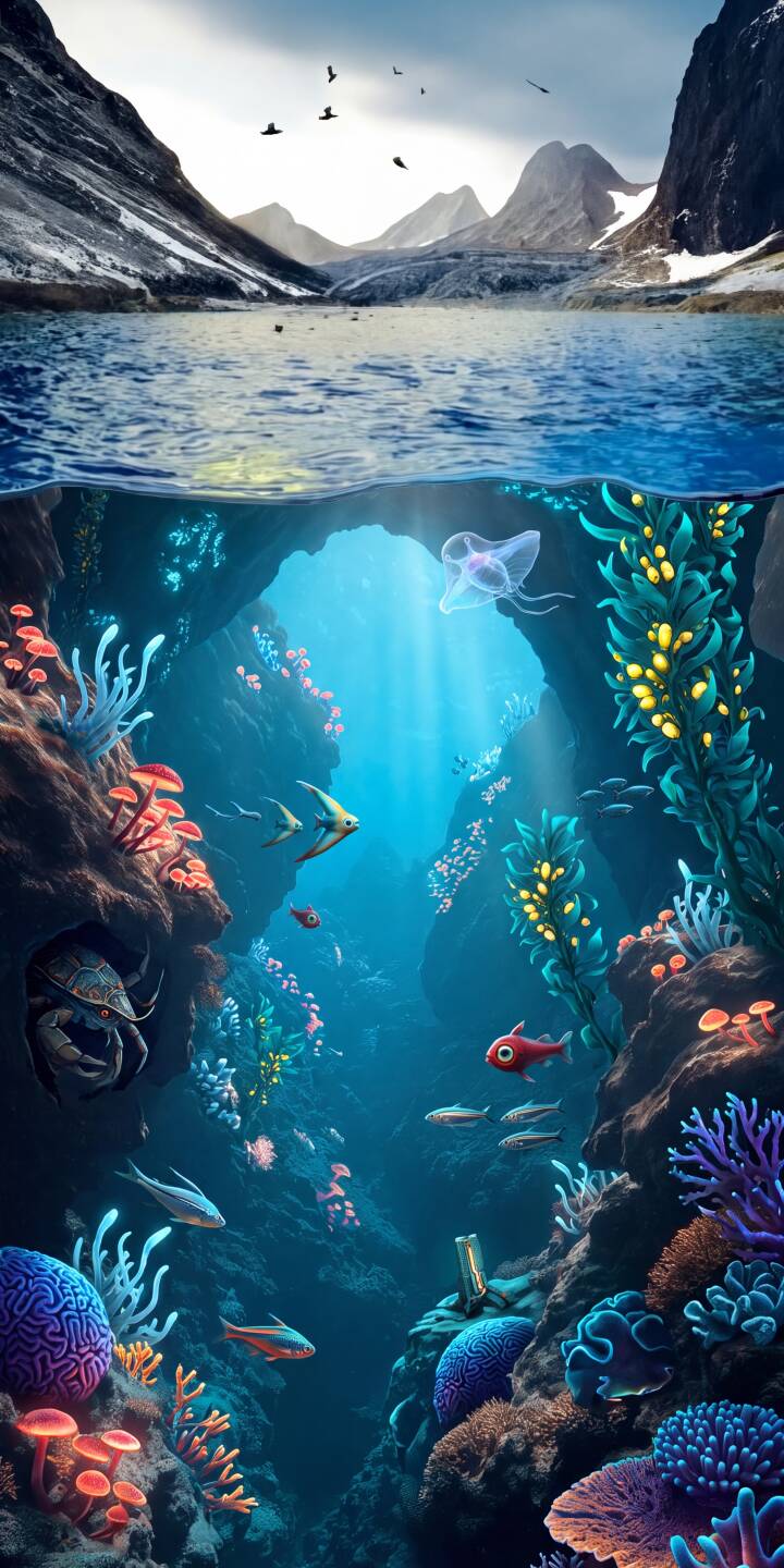 Rays of light pierce the deep ocean, illuminating vibrant corals, a graceful jellyfish, and diverse marine life in this breathtaking 4K split-view wallpaper for iPhone. Above, snow-capped mountains overlook a serene lake, completing this majestic nature wallpaper. | underwater iphone ocean mountains wallpaper vibrant mobile 4k wallpaper hd wallpaper marine life split view serene Rays of light pierce the deep ocean, illuminating vibrant corals, a graceful jellyfish, and diverse marine life in this breathtaking 4K split-view wallpaper for iPhone. Above, snow-capped mountains overlook a serene lake, completing this majestic nature wallpaper.
