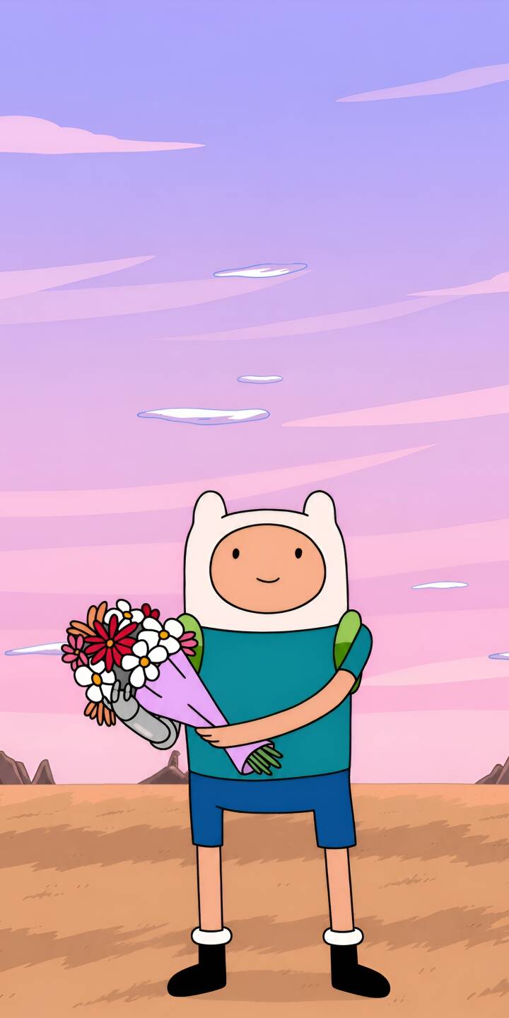 Finn the Human, with his characteristic white hat, tenderly holds a colorful bouquet of red and white flowers against a soft pink and purple sky in this charming 4K wallpaper. This delightful wallpaper is perfect for any iPhone, bringing a touch of Adventure Time whimsy to your screen. | flowers 4k adventure time finn finn and jake Finn the Human, with his characteristic white hat, tenderly holds a colorful bouquet of red and white flowers against a soft pink and purple sky in this charming 4K wallpaper. This delightful wallpaper is perfect for any iPhone, bringing a touch of Adventure Time whimsy to your screen.