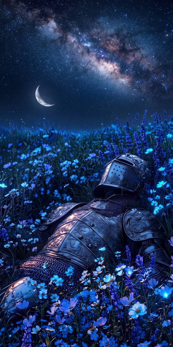 Ornate knight armor lies peacefully amidst a vibrant field of glowing blue flowers under a breathtaking Milky Way sky in this serene 4K wallpaper — an ethereal and captivating wallpaper, perfect for your iPhone screen. | armor knight medieval iphone fantasy stars wallpaper mobile 4k wallpaper hd wallpaper blue flowers ethereal Ornate knight armor lies peacefully amidst a vibrant field of glowing blue flowers under a breathtaking Milky Way sky in this serene 4K wallpaper — an ethereal and captivating wallpaper, perfect for your iPhone screen.