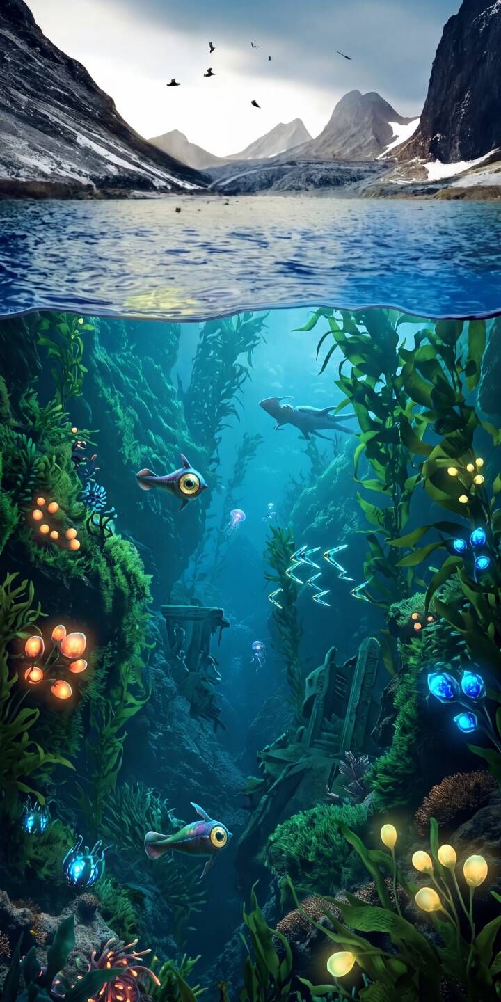 A breathtaking divide separates snowy mountains above a calm lake from a vibrant, glowing kelp forest teeming with alien-like marine life and sunken ruins in this exquisite 4K wallpaper. This stunning natural dual-world scene is a perfect wallpaper for iPhone, capturing serene beauty and mysterious depths. | underwater iphone fantasy mountains wallpaper mobile glowing 4k wallpaper hd wallpaper aquatic scenic kelp forest A breathtaking divide separates snowy mountains above a calm lake from a vibrant, glowing kelp forest teeming with alien-like marine life and sunken ruins in this exquisite 4K wallpaper. This stunning natural dual-world scene is a perfect wallpaper for iPhone, capturing serene beauty and mysterious depths.