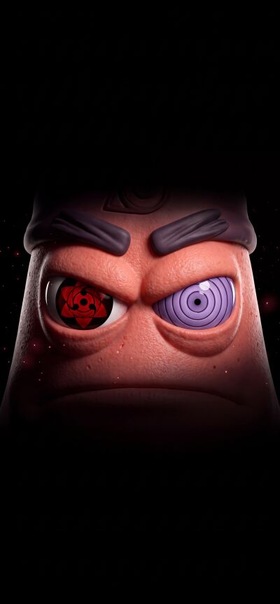Menacing Spongebob glares from a dark void, his eyes alight with the formidable Sharingan and Rinnegan in this captivating 4K wallpaper. This perfect iPhone wallpaper is part of a unique matching set for three friends, showcasing a powerful fusion of two iconic animated worlds.