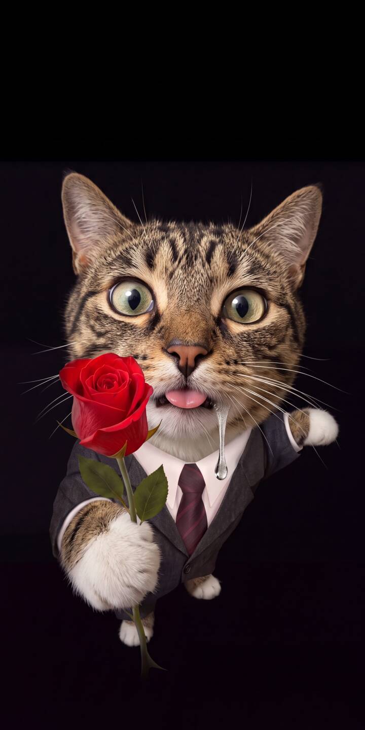 A single glistening drop of drool hangs from this dapper cat's tongue as it charmingly presents a vibrant red rose in this striking 4K wallpaper for iPhone. This unique feline wallpaper captures an amusing and romantic moment. | funny cat suit rose cute iphone wallpaper mobile 4k wallpaper hd wallpaper feline gentleman A single glistening drop of drool hangs from this dapper cat's tongue as it charmingly presents a vibrant red rose in this striking 4K wallpaper for iPhone. This unique feline wallpaper captures an amusing and romantic moment.