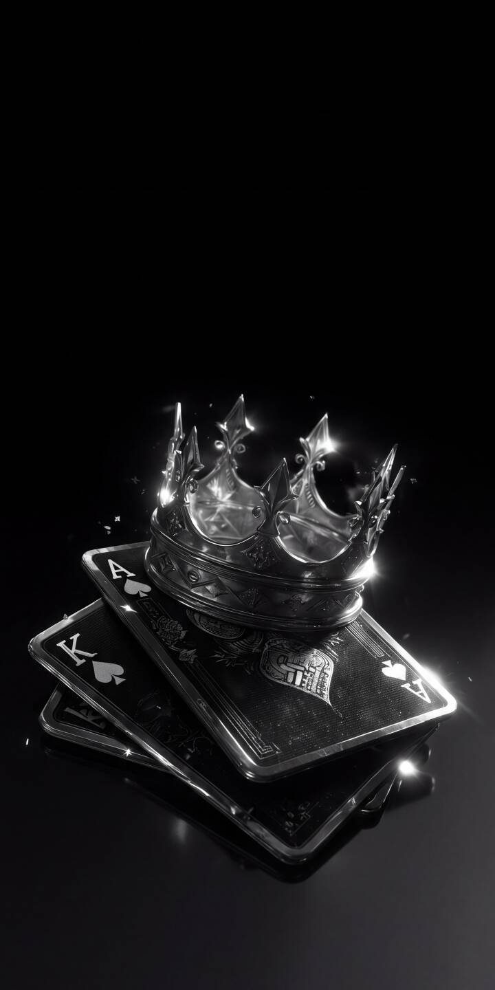 The gleaming silver crown rests majestically atop black playing cards against a stark background, making for an epic 4K wallpaper with subtle sparkles perfect for your iPhone. This dark, luxurious wallpaper brings a touch of regal mystery to your screen. | poker crown iphone luxury wallpaper mobile 4k wallpaper hd wallpaper dark aesthetic monochrome playing cards king of spades The gleaming silver crown rests majestically atop black playing cards against a stark background, making for an epic 4K wallpaper with subtle sparkles perfect for your iPhone. This dark, luxurious wallpaper brings a touch of regal mystery to your screen.