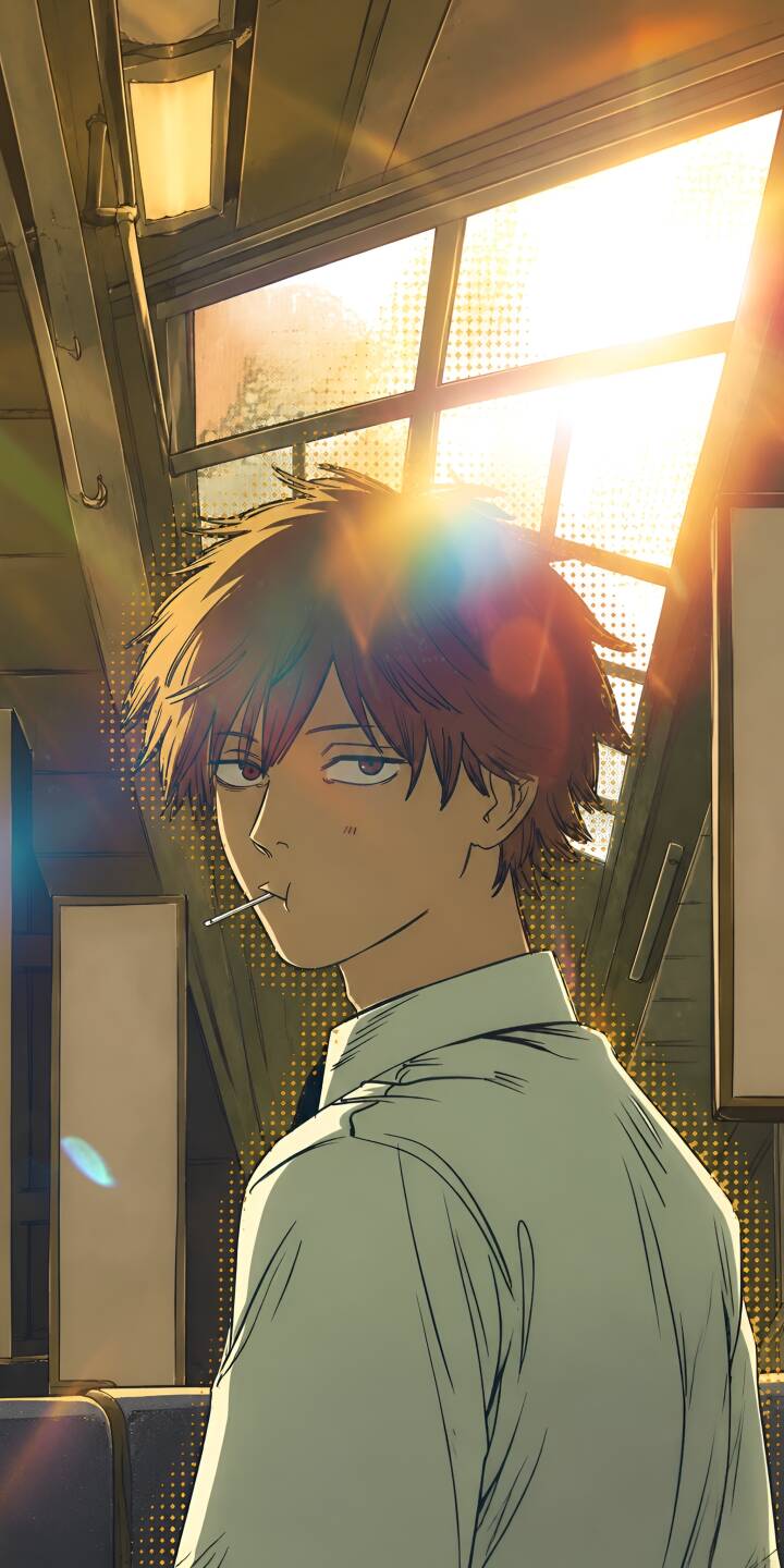 Bathed in warm, golden light through a train window, Denji casually looks over his shoulder with a lollipop in his mouth in this striking 4K wallpaper. It's a must-have anime wallpaper for personalizing your iPhone with a cool Chainsaw Man vibe. | 4k denji csm chainsaw man Bathed in warm, golden light through a train window, Denji casually looks over his shoulder with a lollipop in his mouth in this striking 4K wallpaper. It's a must-have anime wallpaper for personalizing your iPhone with a cool Chainsaw Man vibe.