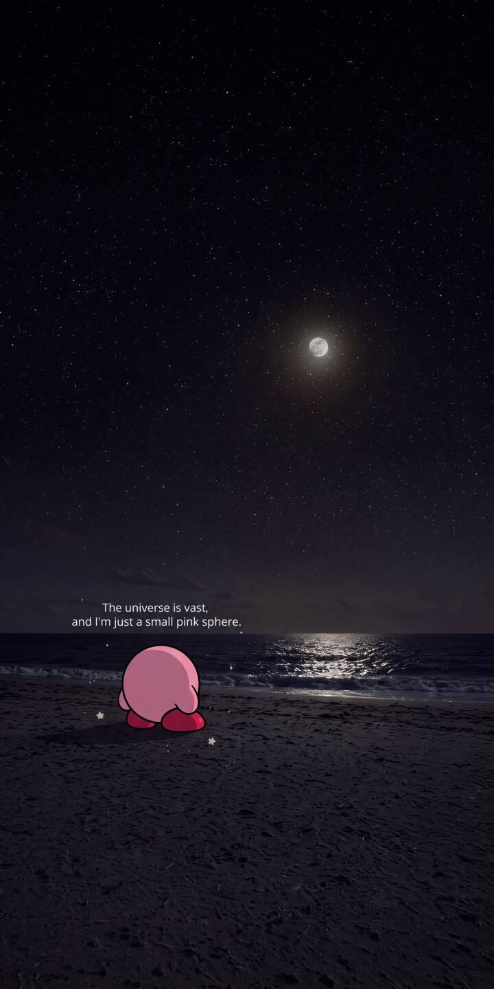 Kirby gazes out at the vast, star-filled ocean, appearing tiny beneath the full moon's glow in this contemplative 4K wallpaper. This deeply atmospheric wallpaper with its poignant quote is perfect for your iPhone. | aesthetic quote nintendo iphone wallpaper starry night mobile kirby 4k wallpaper hd wallpaper moonlit beach contemplation Kirby gazes out at the vast, star-filled ocean, appearing tiny beneath the full moon's glow in this contemplative 4K wallpaper. This deeply atmospheric wallpaper with its poignant quote is perfect for your iPhone.
