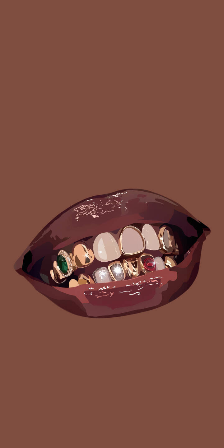 Shimmering dark lips showcase an impressive collection of gold grillz, each meticulously detailed with vibrant emerald, ruby, and diamond gems in this stunning 4K wallpaper. This opulent art piece makes a striking wallpaper for iPhone users seeking a bold aesthetic. | aesthetic illustration gold iphone luxury wallpaper lips grillz mobile 4k wallpaper hd wallpaper gemstones Shimmering dark lips showcase an impressive collection of gold grillz, each meticulously detailed with vibrant emerald, ruby, and diamond gems in this stunning 4K wallpaper. This opulent art piece makes a striking wallpaper for iPhone users seeking a bold aesthetic.