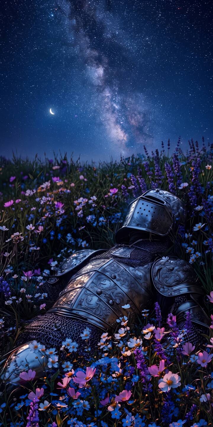 The intricate knight armor rests peacefully amidst a vibrant meadow of wildflowers and lavender, bathed in the soft glow of the Milky Way galaxy and a crescent moon in this serene 4K wallpaper. This stunning celestial scene is a perfect wallpaper for your iPhone, bringing a touch of fantasy to your mobile device. | aesthetic armor night sky knight iphone fantasy wallpaper milky way mobile 4k wallpaper hd wallpaper wildflowers The intricate knight armor rests peacefully amidst a vibrant meadow of wildflowers and lavender, bathed in the soft glow of the Milky Way galaxy and a crescent moon in this serene 4K wallpaper. This stunning celestial scene is a perfect wallpaper for your iPhone, bringing a touch of fantasy to your mobile device.