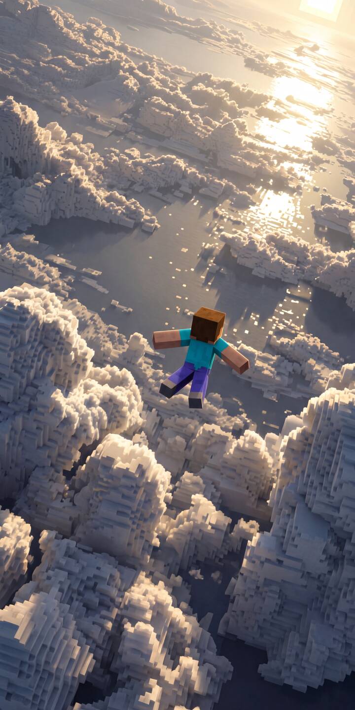 Minecraft's iconic Steve floats amidst a breathtaking ocean of blocky clouds, bathed in the golden glow of the sun, creating an expansive 4K wallpaper. This stunning high-altitude wallpaper is a perfect fit for any iPhone, capturing a unique blend of adventure and serenity. | sky game minecraft iphone clouds wallpaper floating steve mobile 4k wallpaper hd wallpaper voxel art Minecraft's iconic Steve floats amidst a breathtaking ocean of blocky clouds, bathed in the golden glow of the sun, creating an expansive 4K wallpaper. This stunning high-altitude wallpaper is a perfect fit for any iPhone, capturing a unique blend of adventure and serenity.