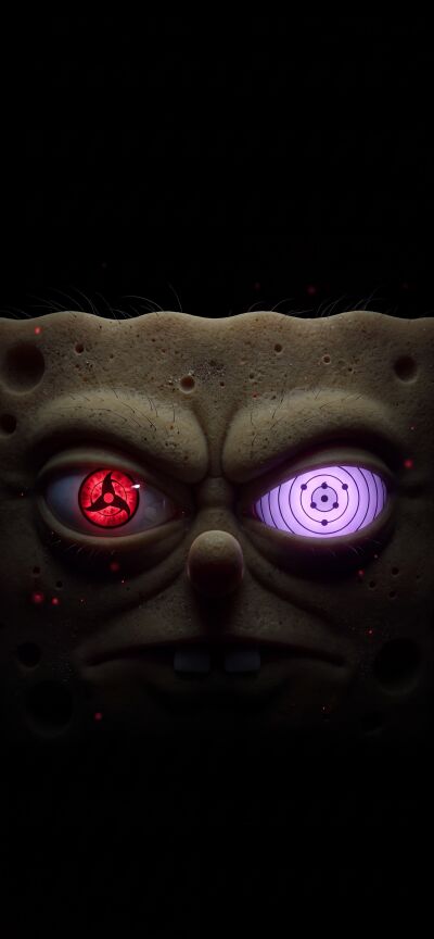 Menacing Spongebob glares from a dark void, his eyes alight with the formidable Sharingan and Rinnegan in this captivating 4K wallpaper. This perfect iPhone wallpaper is part of a unique matching set for three friends, showcasing a powerful fusion of two iconic animated worlds.