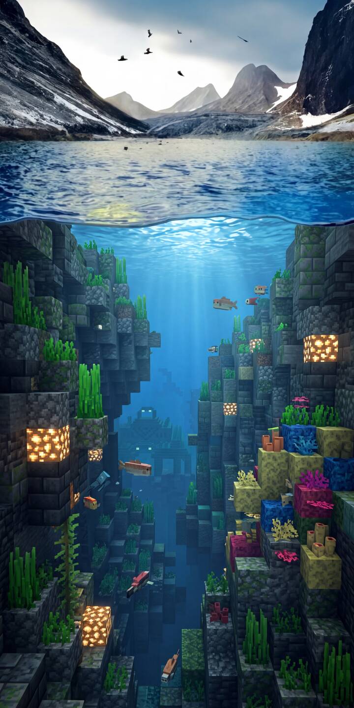 A captivating split-level perspective showcases a serene realistic lake reflecting snowy mountains, seamlessly transitioning into a vibrant Minecraft underwater world. This unique 4K wallpaper for iPhone reveals intricate blocky marine life, glowing coral blocks, and a mysterious ancient temple, making it an extraordinary display. | underwater minecraft iphone nature gaming mountains wallpaper mobile pixel art 4k wallpaper hd wallpaper split level A captivating split-level perspective showcases a serene realistic lake reflecting snowy mountains, seamlessly transitioning into a vibrant Minecraft underwater world. This unique 4K wallpaper for iPhone reveals intricate blocky marine life, glowing coral blocks, and a mysterious ancient temple, making it an extraordinary display.