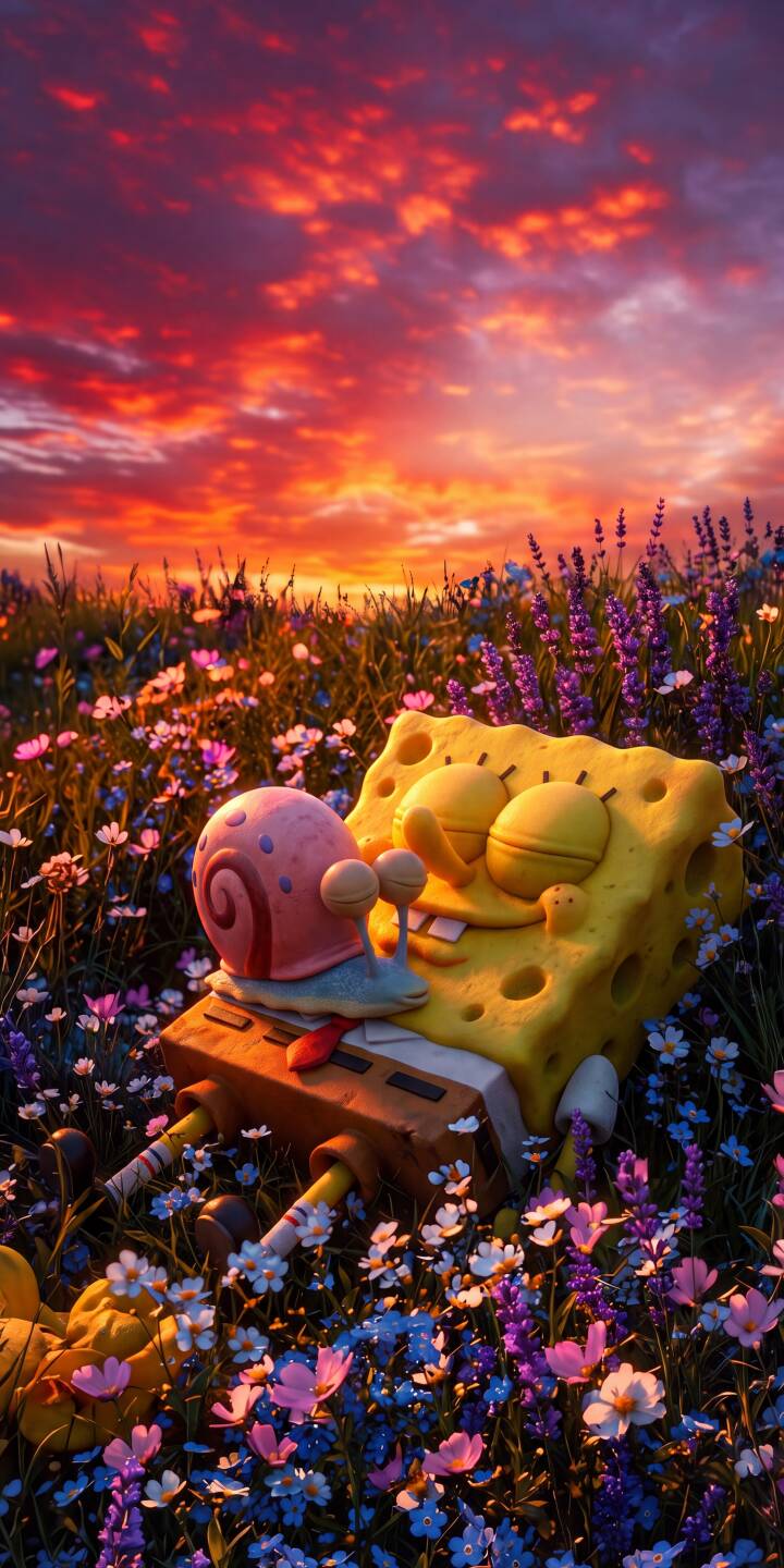 A breathtaking sunset paints the sky in fiery hues as Spongebob and Gary relax serenely in a field of vibrant wildflowers; this stunning 4K wallpaper is a perfect iPhone wallpaper for fans of the beloved duo. | spongebob field sunset iphone wallpaper mobile spongebob squarepants peaceful 4k wallpaper hd wallpaper lavender gary A breathtaking sunset paints the sky in fiery hues as Spongebob and Gary relax serenely in a field of vibrant wildflowers; this stunning 4K wallpaper is a perfect iPhone wallpaper for fans of the beloved duo.