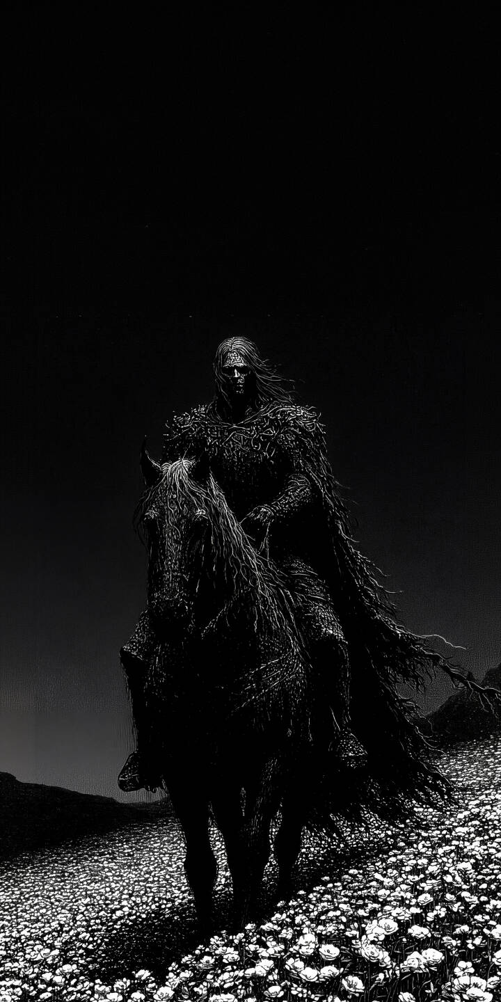 A haunting, gaunt figure on a dark, shaggy horse emerges from the shadows, traversing an eerie field of countless small white forms in this stunning 4K wallpaper. This atmospheric, dark fantasy wallpaper is perfect for personalizing your iPhone with a touch of mystery. | horse gothic iphone wallpaper horror mobile 4k wallpaper hd wallpaper monochrome fantasy art dark rider spectral horseman A haunting, gaunt figure on a dark, shaggy horse emerges from the shadows, traversing an eerie field of countless small white forms in this stunning 4K wallpaper. This atmospheric, dark fantasy wallpaper is perfect for personalizing your iPhone with a touch of mystery.