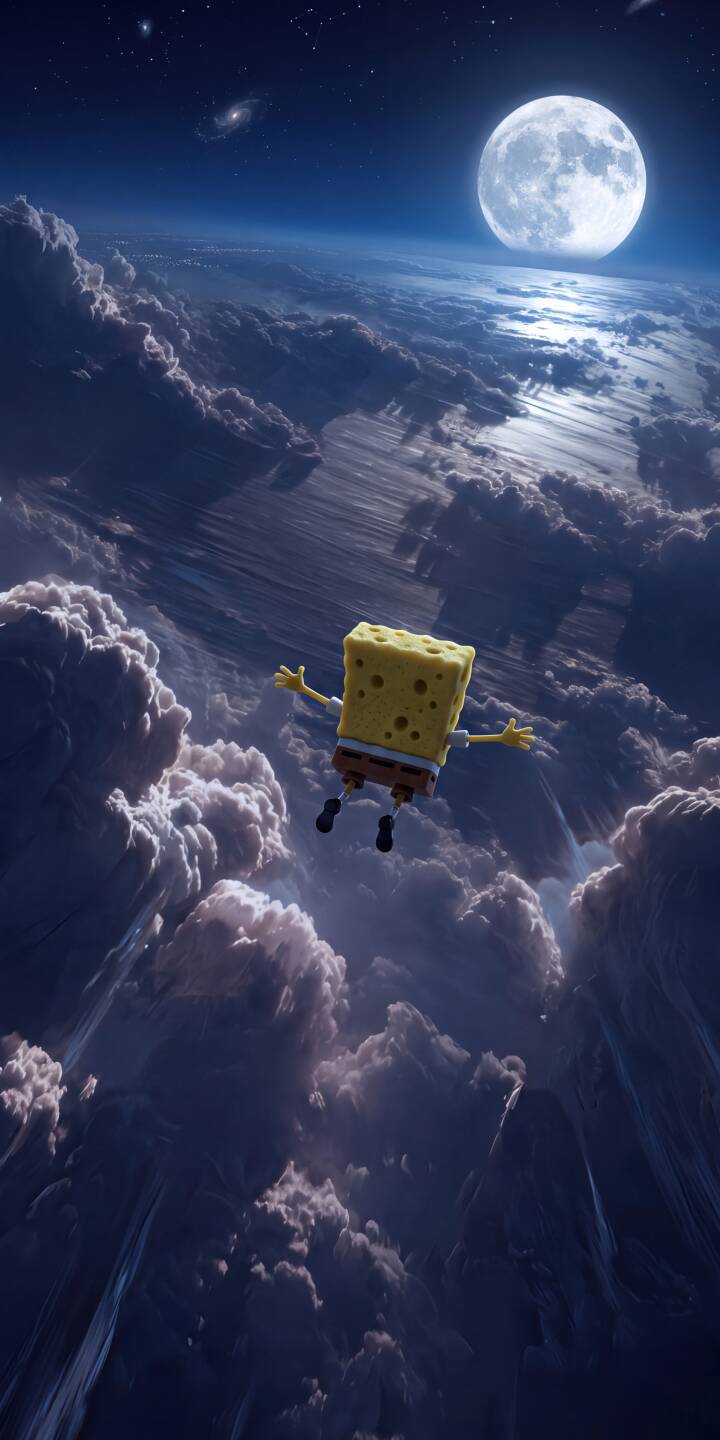 A cheerful Spongebob Squarepants floats blissfully above a swirling sea of clouds, illuminated by a majestic full moon and a distant galaxy in this stunning 4K wallpaper. This dreamlike wallpaper is perfect for personalizing your iPhone with a touch of whimsical adventure. | cartoon spongebob moon space iphone clouds wallpaper mobile spongebob squarepants 4k wallpaper hd wallpaper nickelodeon A cheerful Spongebob Squarepants floats blissfully above a swirling sea of clouds, illuminated by a majestic full moon and a distant galaxy in this stunning 4K wallpaper. This dreamlike wallpaper is perfect for personalizing your iPhone with a touch of whimsical adventure.