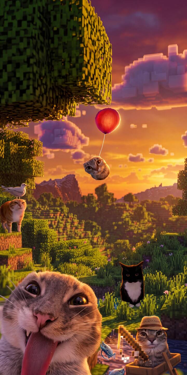 A playful cat with its tongue out dominates the foreground, capturing a whimsical scene of real-looking felines enjoying a vibrant 4K Minecraft-style world at sunset. This captivating wallpaper is perfect for personalizing your iPhone. | funny sunset minecraft cute iphone cats wallpaper mobile pixel art whimsical 4k wallpaper hd wallpaper A playful cat with its tongue out dominates the foreground, capturing a whimsical scene of real-looking felines enjoying a vibrant 4K Minecraft-style world at sunset. This captivating wallpaper is perfect for personalizing your iPhone.
