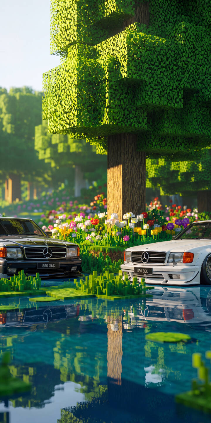 A serene, reflective pond mirrors two classic Mercedes-Benz 560 SEC cars, standing amidst a vibrant, block-style Minecraft landscape of lush green trees and colorful flowers, making this unique scene a stunning 4K wallpaper for your iPhone. | reflection minecraft iphone mercedes wallpaper mobile 4k wallpaper hd wallpaper automotive blocky classic car 560 sec A serene, reflective pond mirrors two classic Mercedes-Benz 560 SEC cars, standing amidst a vibrant, block-style Minecraft landscape of lush green trees and colorful flowers, making this unique scene a stunning 4K wallpaper for your iPhone.