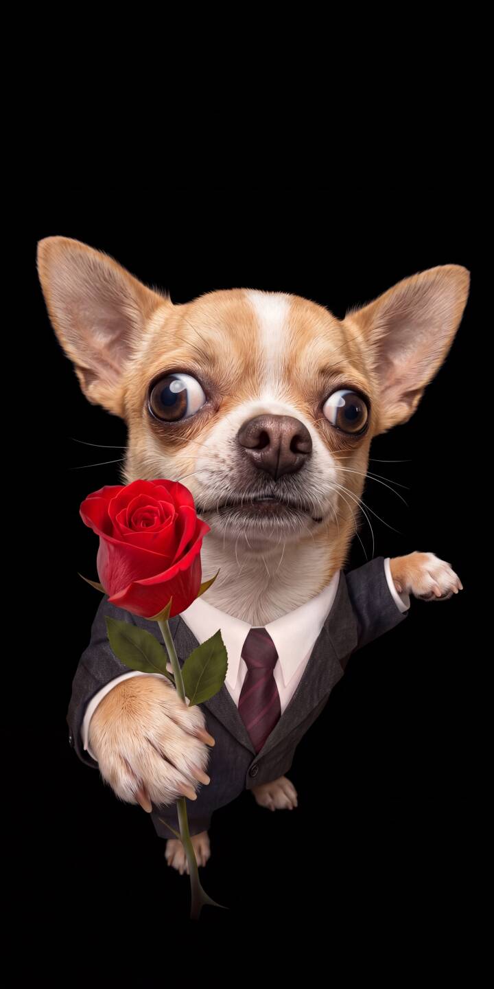 The dapper Chihuahua, with its charmingly wide eyes and neatly tied suit, presents a single red rose in this adorable 4K wallpaper. This charming pet wallpaper is perfect for personalizing your iPhone. | funny dog pet suit rose cute iphone wallpaper mobile 4k wallpaper hd wallpaper chihuahua The dapper Chihuahua, with its charmingly wide eyes and neatly tied suit, presents a single red rose in this adorable 4K wallpaper. This charming pet wallpaper is perfect for personalizing your iPhone.