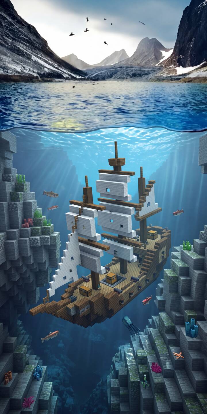 The serene beauty of snowy arctic mountains above gives way to a vibrant underwater Minecraft shipwreck in this stunning 4K wallpaper, teeming with blocky aquatic life and sunken treasures. This immersive dual-world wallpaper is perfect for personalizing your iPhone. | underwater minecraft iphone wallpaper mobile 4k wallpaper hd wallpaper arctic shipwreck voxel art dual world The serene beauty of snowy arctic mountains above gives way to a vibrant underwater Minecraft shipwreck in this stunning 4K wallpaper, teeming with blocky aquatic life and sunken treasures. This immersive dual-world wallpaper is perfect for personalizing your iPhone.
