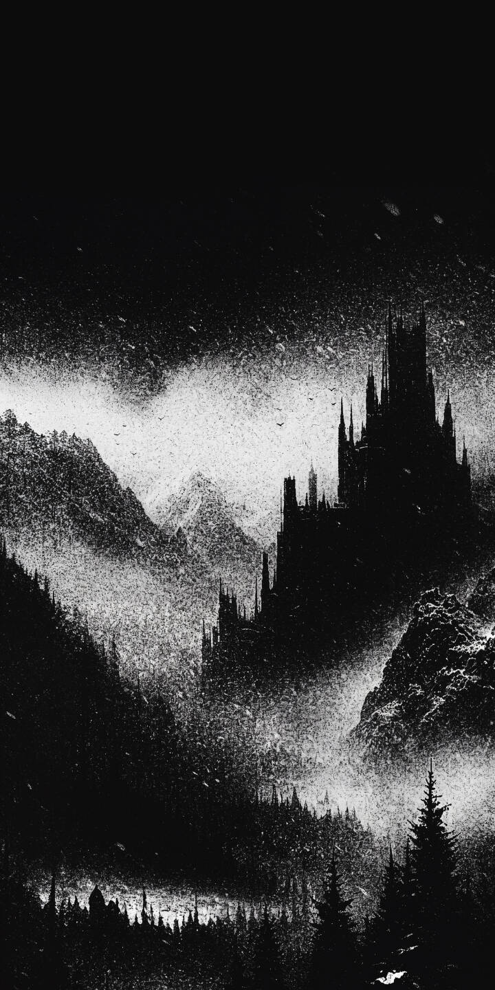 A jagged, spiky silhouette of a gothic castle rises from the swirling mist between dark mountain peaks in this foreboding 4K wallpaper. This atmospheric, highly textured black and white landscape makes an intense wallpaper for your iPhone. | aesthetic castle iphone mountains wallpaper mobile gothic castle 4k wallpaper hd wallpaper monochrome misty dark fantasy A jagged, spiky silhouette of a gothic castle rises from the swirling mist between dark mountain peaks in this foreboding 4K wallpaper. This atmospheric, highly textured black and white landscape makes an intense wallpaper for your iPhone.