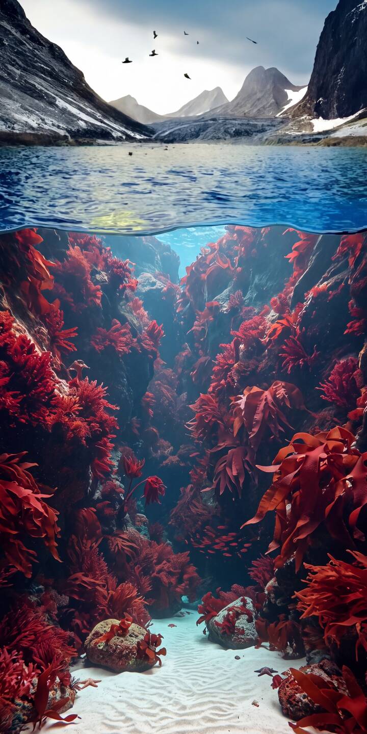 Vibrant red kelp creates a stunning, alien landscape within a deep underwater canyon in this mesmerizing 4K wallpaper, sharply contrasting with the calm glacial lake and snowy mountains above. This unique split-view wallpaper for iPhone captures an exceptional natural beauty. | underwater iphone nature ocean mountains wallpaper mobile 4k wallpaper hd wallpaper split view serene red kelp Vibrant red kelp creates a stunning, alien landscape within a deep underwater canyon in this mesmerizing 4K wallpaper, sharply contrasting with the calm glacial lake and snowy mountains above. This unique split-view wallpaper for iPhone captures an exceptional natural beauty.