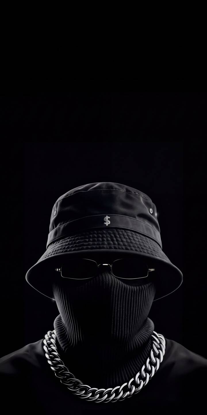 A prominent silver dollar sign adorns the black bucket hat of this enigmatic figure, whose face is concealed by a ribbed mask and paired with a gleaming thick silver chain in this striking 4K wallpaper, perfect for iPhone screens. | iphone wallpaper mobile 4k wallpaper hd wallpaper dark aesthetic bucket hat mysterious streetwear dollar sign silver chain masked figure A prominent silver dollar sign adorns the black bucket hat of this enigmatic figure, whose face is concealed by a ribbed mask and paired with a gleaming thick silver chain in this striking 4K wallpaper, perfect for iPhone screens.