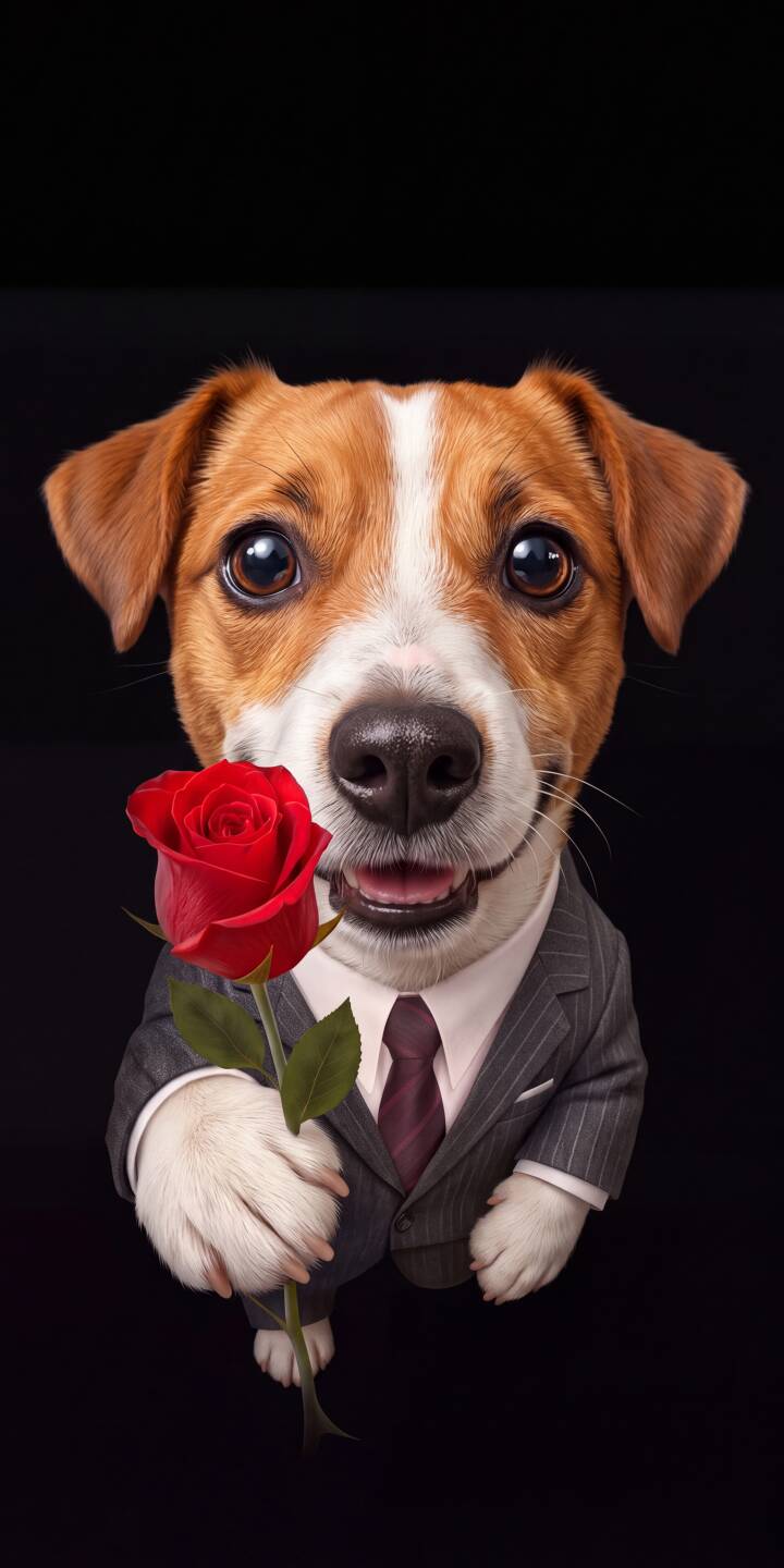 With an adorable smile and expressive eyes, a dapper dog in a pinstripe suit presents a vibrant red rose in this charming 4K wallpaper â a perfect mobile wallpaper for your iPhone. | animal dog suit rose cute iphone wallpaper puppy mobile 4k wallpaper hd wallpaper jack russell With an adorable smile and expressive eyes, a dapper dog in a pinstripe suit presents a vibrant red rose in this charming 4K wallpaper â a perfect mobile wallpaper for your iPhone.