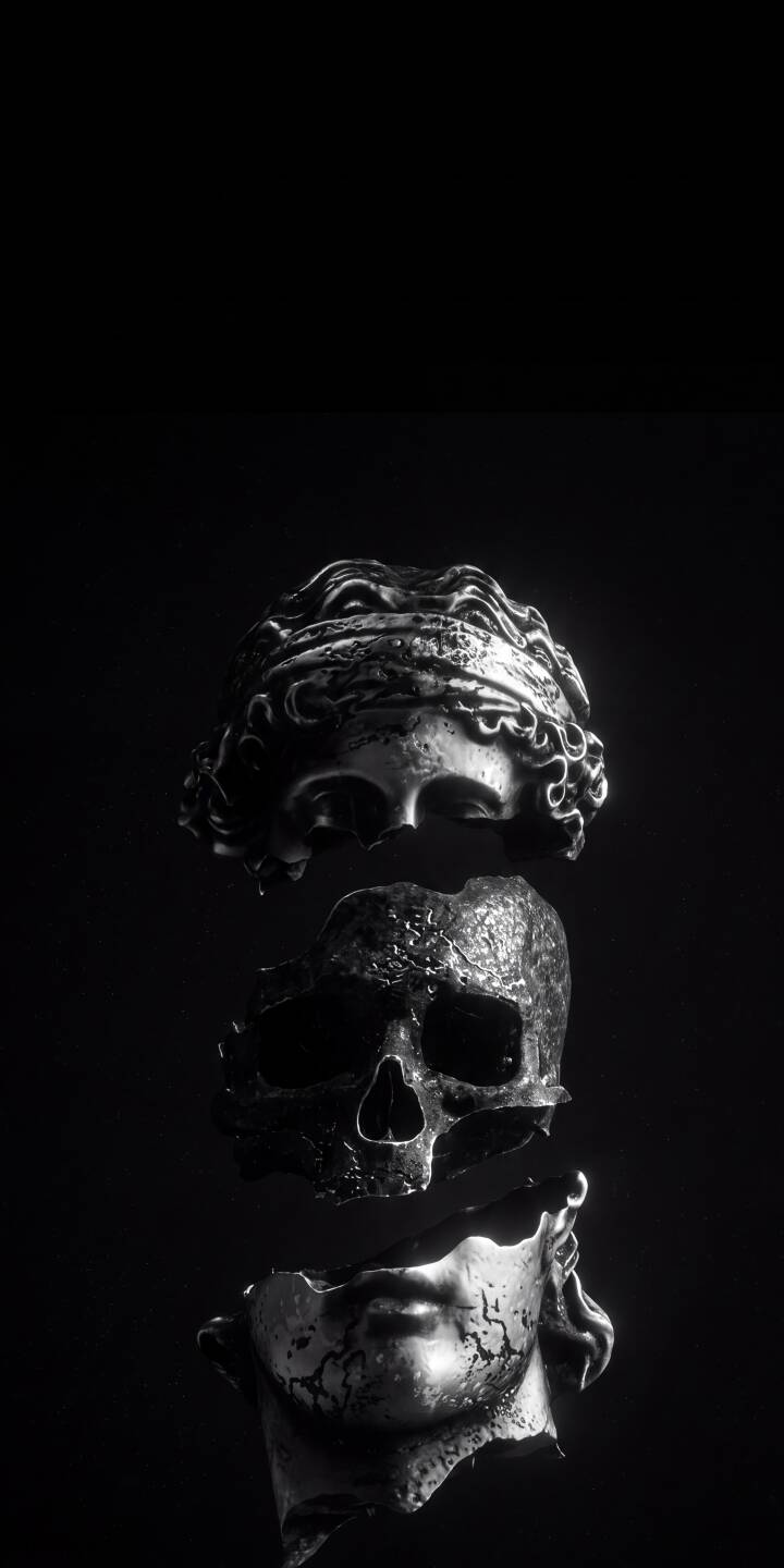 Shattered pieces of a classical bust and a weathered skull levitate mysteriously in stark darkness, creating a profound memento mori. This striking 4K wallpaper, with its intricate metallic textures, makes an exceptional and thought-provoking iPhone wallpaper. | aesthetic dark gothic skull iphone wallpaper mobile 4k wallpaper hd wallpaper memento mori fragmented bust Shattered pieces of a classical bust and a weathered skull levitate mysteriously in stark darkness, creating a profound memento mori. This striking 4K wallpaper, with its intricate metallic textures, makes an exceptional and thought-provoking iPhone wallpaper.