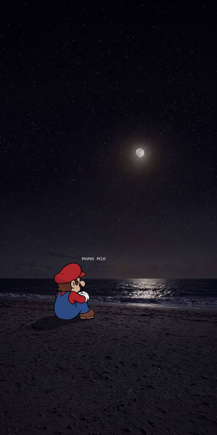 The iconic pixelated Mario sits contemplating under a full, bright moon, with the whimsical 'Mama Mia' text floating above him in this stunning 4K wallpaper for iPhone. This serene night beach scene is a captivating wallpaper to adorn your mobile screen. | moonlight night beach mario nintendo iphone wallpaper super mario mobile pixel art 4k wallpaper hd wallpaper The iconic pixelated Mario sits contemplating under a full, bright moon, with the whimsical 'Mama Mia' text floating above him in this stunning 4K wallpaper for iPhone. This serene night beach scene is a captivating wallpaper to adorn your mobile screen.