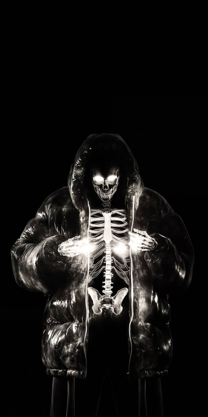 Luminous eyes and a glowing ribcage define this eerie 4K skeleton wallpaper. The ghostly figure dons a translucent puffer jacket, making it an epic iPhone wallpaper. | aesthetic dark skeleton skull iphone wallpaper phantom mobile glowing 4k wallpaper hd wallpaper streetwear Luminous eyes and a glowing ribcage define this eerie 4K skeleton wallpaper. The ghostly figure dons a translucent puffer jacket, making it an epic iPhone wallpaper.
