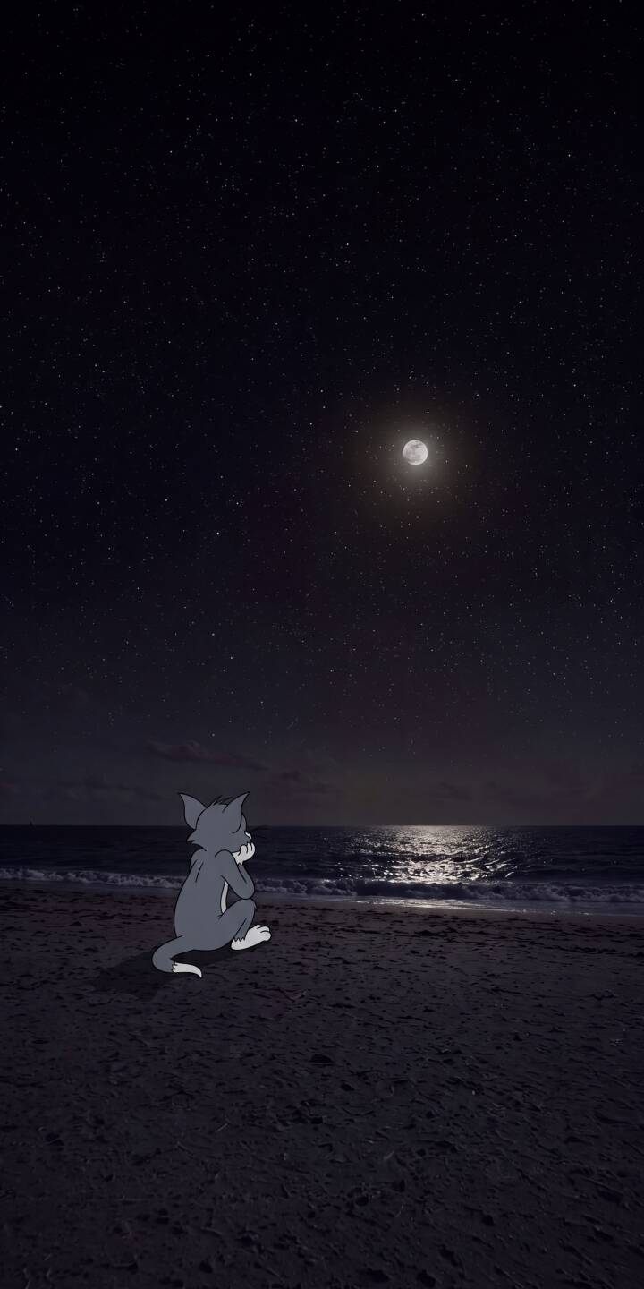 A pensive Tom sits on the sandy beach, gazing out at the full moon's luminous reflection on the ocean under a starry night sky in this peaceful 4K wallpaper — a must-have wallpaper for iPhone fans of the classic animated series. | cartoon moonlight night beach iphone tom tom and jerry wallpaper mobile 4k wallpaper hd wallpaper serene A pensive Tom sits on the sandy beach, gazing out at the full moon's luminous reflection on the ocean under a starry night sky in this peaceful 4K wallpaper — a must-have wallpaper for iPhone fans of the classic animated series.
