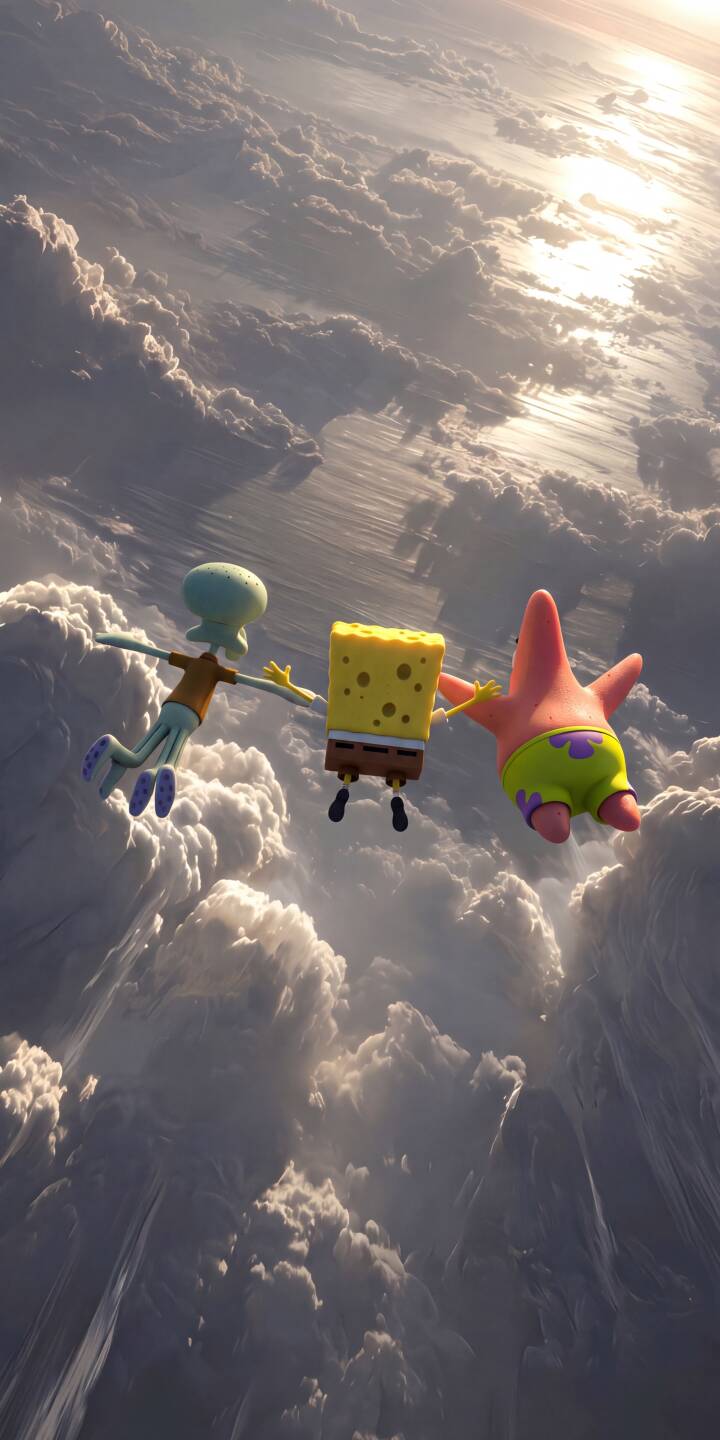 Golden sunlight streams through ethereal clouds as Spongebob, Patrick, and Squidward float hand-in-hand high above in this charming 4K wallpaper. This delightful wallpaper is a must-have for iPhone users seeking a touch of whimsy. | spongebob iphone clouds wallpaper patrick star mobile whimsical 4k wallpaper hd wallpaper nickelodeon squidward tentacles Golden sunlight streams through ethereal clouds as Spongebob, Patrick, and Squidward float hand-in-hand high above in this charming 4K wallpaper. This delightful wallpaper is a must-have for iPhone users seeking a touch of whimsy.