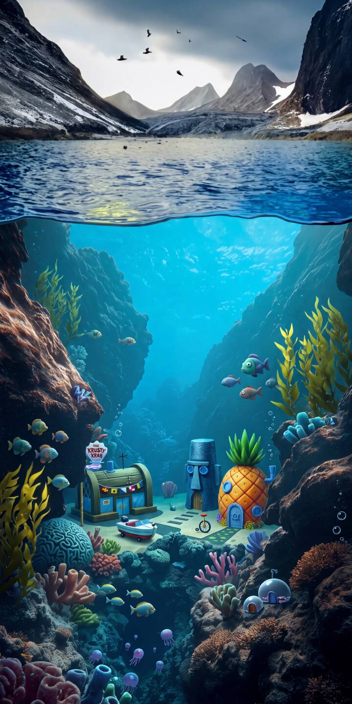 Spongebob's iconic pineapple house and the Krusty Krab are beautifully depicted in a vibrant underwater scene, juxtaposed with a serene glacial lake and majestic mountains above, creating a unique split-level 4K wallpaper. This imaginative wallpaper is a must-have for any iPhone user seeking a whimsical yet grand background. | cartoon spongebob underwater bikini bottom iphone nature wallpaper mobile 4k wallpaper hd wallpaper Spongebob's iconic pineapple house and the Krusty Krab are beautifully depicted in a vibrant underwater scene, juxtaposed with a serene glacial lake and majestic mountains above, creating a unique split-level 4K wallpaper. This imaginative wallpaper is a must-have for any iPhone user seeking a whimsical yet grand background.