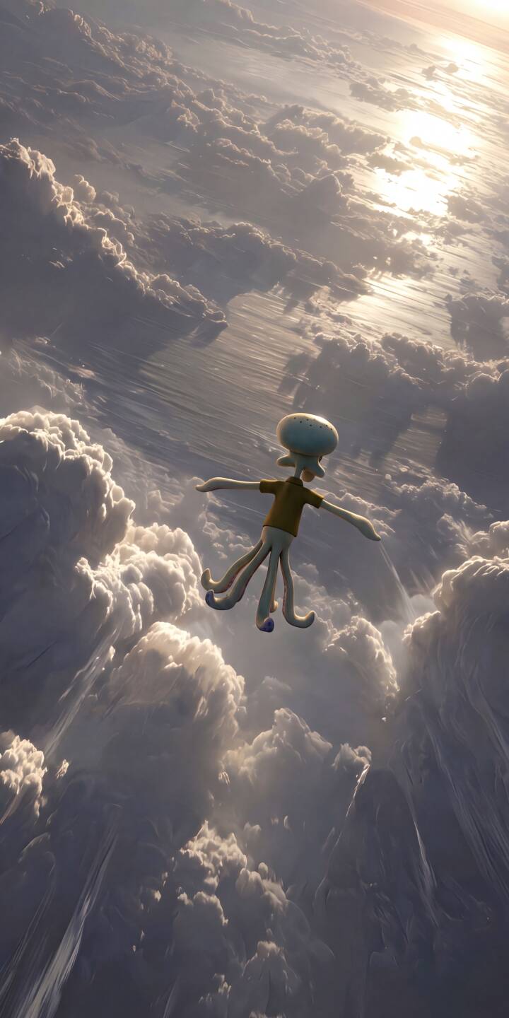 Squidward Tentacles floats serenely, arms outstretched and tentacles splayed, through a magnificent sky filled with sun-kissed clouds. This surreal 4K wallpaper makes a dreamlike statement on your iPhone, serving as a uniquely artistic wallpaper. | cartoon spongebob sky squidward iphone clouds wallpaper mobile 4k wallpaper hd wallpaper nickelodeon surreal Squidward Tentacles floats serenely, arms outstretched and tentacles splayed, through a magnificent sky filled with sun-kissed clouds. This surreal 4K wallpaper makes a dreamlike statement on your iPhone, serving as a uniquely artistic wallpaper.