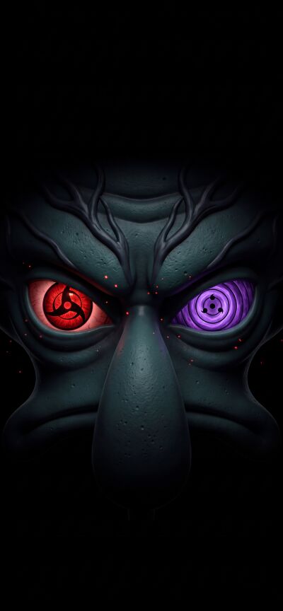 Menacing Spongebob glares from a dark void, his eyes alight with the formidable Sharingan and Rinnegan in this captivating 4K wallpaper. This perfect iPhone wallpaper is part of a unique matching set for three friends, showcasing a powerful fusion of two iconic animated worlds.