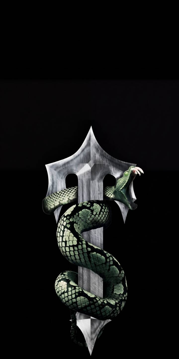 A vibrant green viper, fangs exposed, coils menacingly around a sharp, metallic trident in this dramatic 4K wallpaper. This stunning wallpaper for iPhone captures the fierce detail and dark aesthetic, perfect for a powerful screen. | aesthetic dark weapon snake iphone minimalist wallpaper mobile 4k wallpaper hd wallpaper viper trident A vibrant green viper, fangs exposed, coils menacingly around a sharp, metallic trident in this dramatic 4K wallpaper. This stunning wallpaper for iPhone captures the fierce detail and dark aesthetic, perfect for a powerful screen.