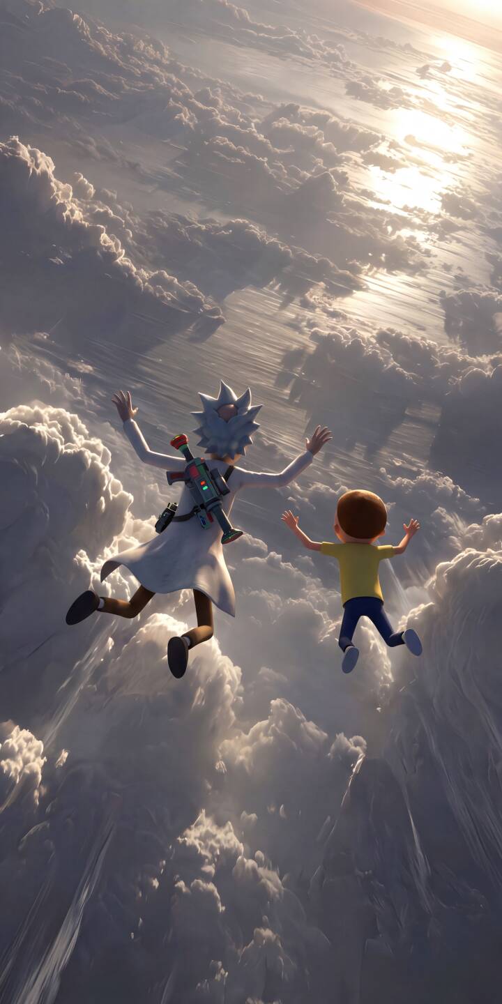 Sunlight glints off the vast sea of clouds as Rick and Morty plummet earthwards in this thrilling 4K wallpaper. This dynamic scene makes for an essential iPhone wallpaper for fans of their interdimensional adventures. | cartoon iphone clouds wallpaper rick and morty rick sanchez mobile 4k wallpaper hd wallpaper adventure skydiving morty smith Sunlight glints off the vast sea of clouds as Rick and Morty plummet earthwards in this thrilling 4K wallpaper. This dynamic scene makes for an essential iPhone wallpaper for fans of their interdimensional adventures.